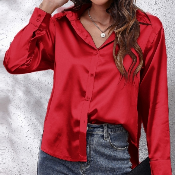 Red Collared Neck Buttoned Long Sleeve Shirt - Picture 1 of 4
